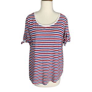 Talbots Red White Blue Stripe Twist Tie Sleeve Soft Linen Tee Sz L